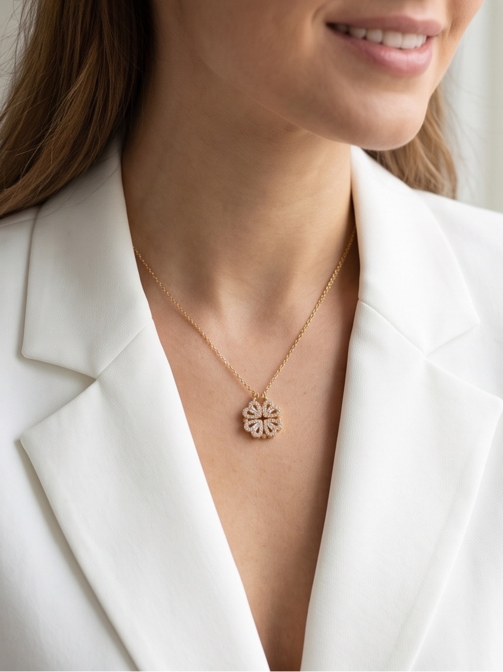 Delicate Gold Pendant Necklace with White Crystals